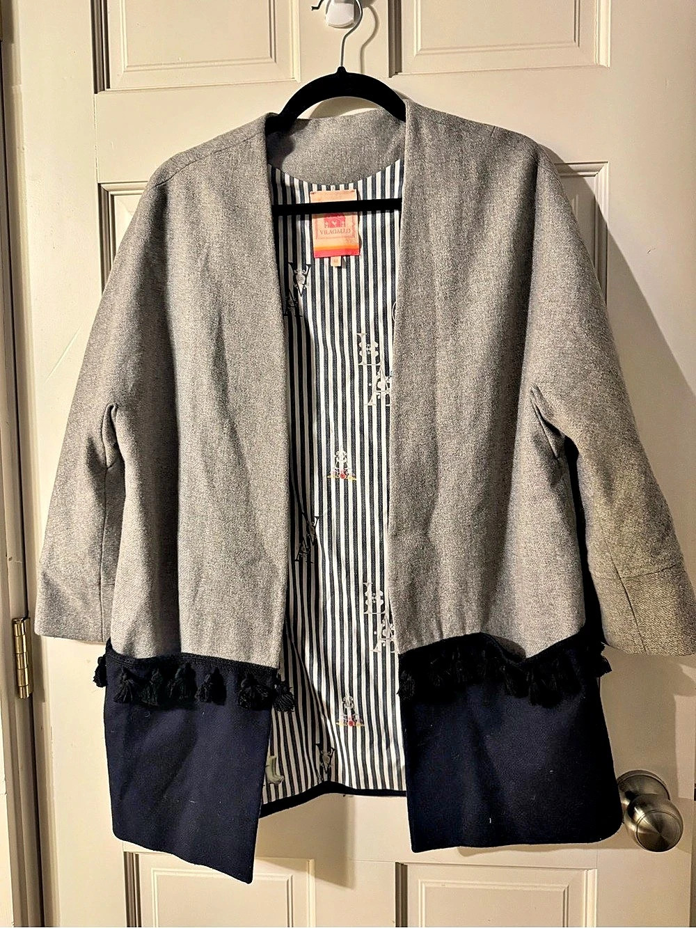 Vilagallo Wool Blend Colorblock Tassel Open Front Coat EU 42 US 8 EUC